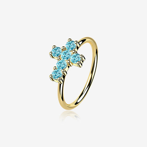 14 Karat Gold Brilliant Sparkle Cross Bendable Hoop Ring-Aqua