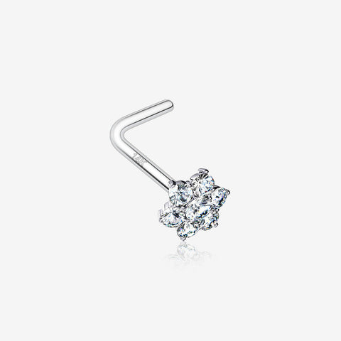 14 Karat White Gold Brilliant Sparkle Flower L-Shaped Nose Ring-Clear Gem