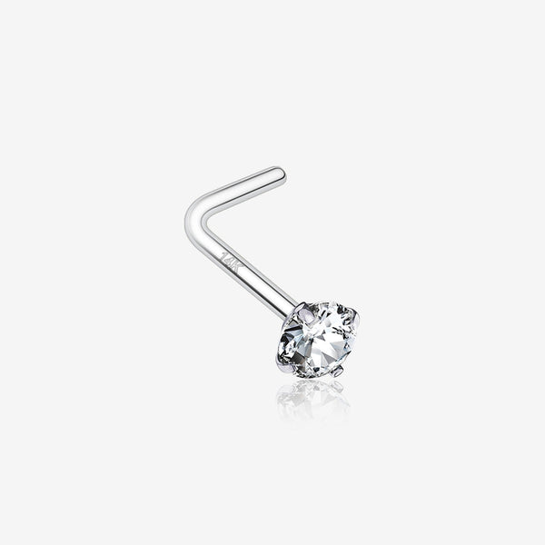 14 Karat White Gold Prong Set Gem Top L-Shaped Nose Ring-Clear Gem