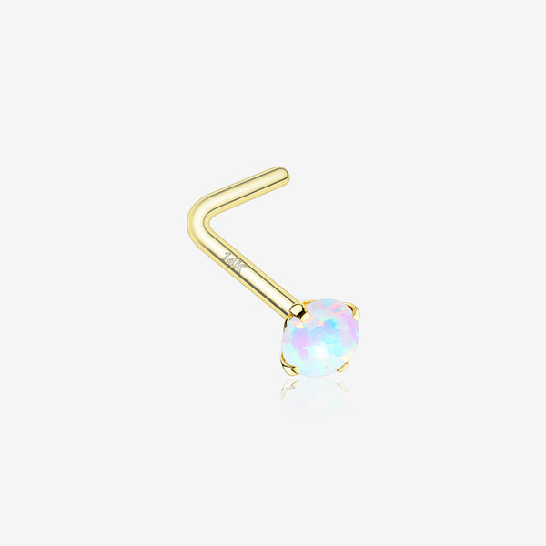 14 Karat Gold Fire Opal Prong Set Top L-Shaped Nose Ring-White Opal