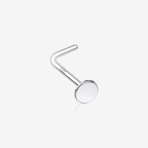 14 Karat White Gold Round Disc Top L-Shaped Nose Ring