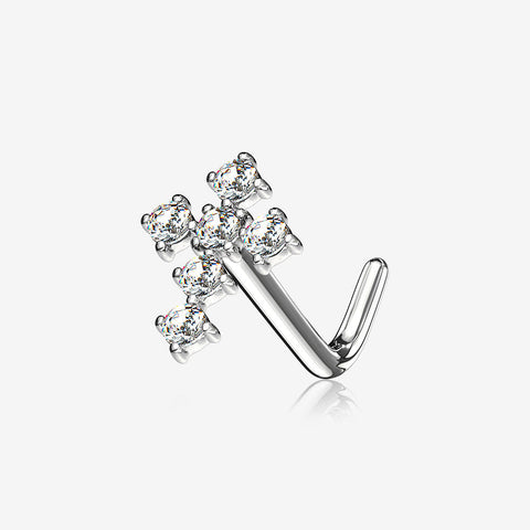 14 Karat White Gold Multi-Gem Sparkle Cross L-Shaped Nose Ring-Clear Gem