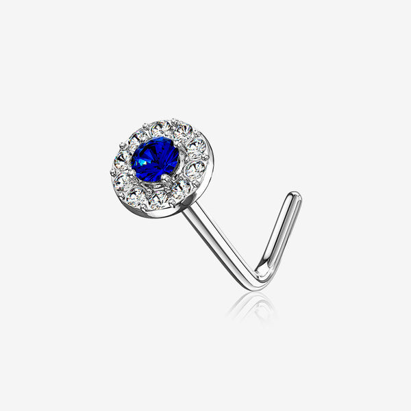 14 Karat White Gold Double Tiered Brilliant Sparkle Multi Gem L-Shaped Nose Ring-Clear Gem/Blue