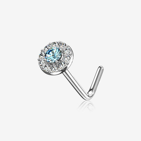 14 Karat White Gold Double Tiered Brilliant Sparkle Multi Gem L-Shaped Nose Ring-Clear Gem/Aqua