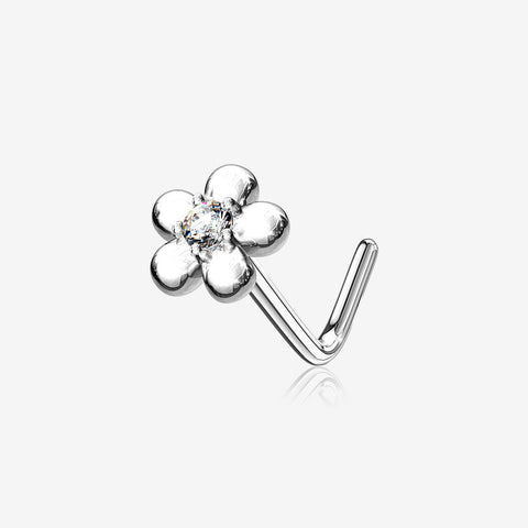 14 Karat White Gold Adorable Flower Sparkle L-Shaped Nose Ring-Clear Gem