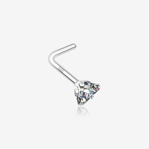 14 Karat White Gold Prong Set Triangle Gem Top L-Shaped Nose Ring-Clear Gem