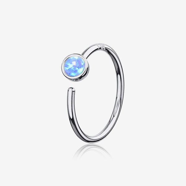 14 Karat White Gold Bezel Set Fire Opal Bendable Hoop Ring-Blue Opal