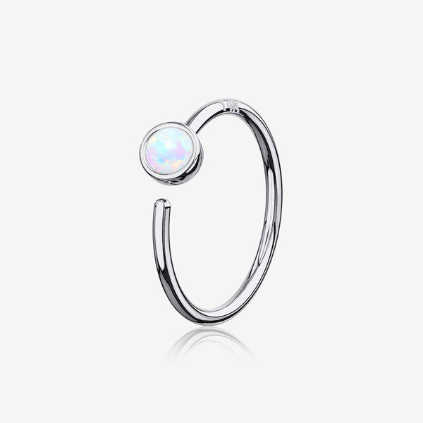 14 Karat White Gold Bezel Set Fire Opal Bendable Hoop Ring-White Opal