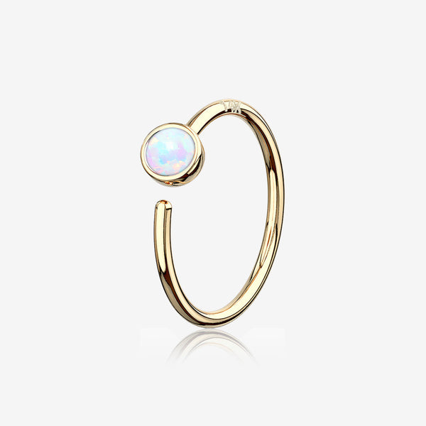 14 Karat Gold Bezel Set Fire Opal Bendable Hoop Ring-White Opal