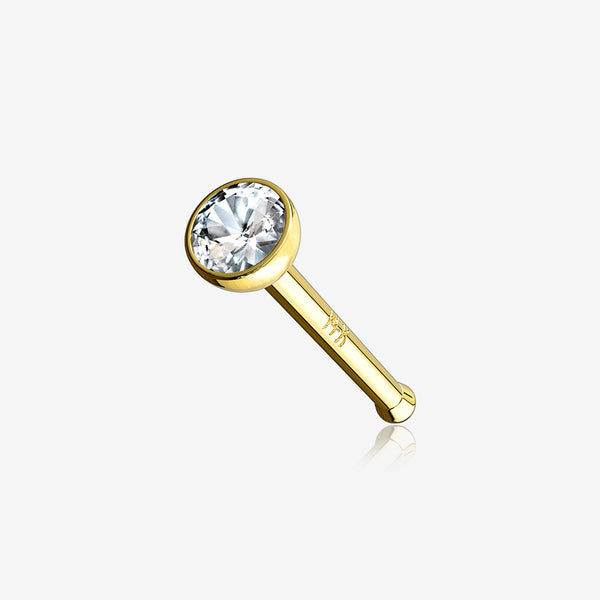 14 Karat Gold Bezel Set Round Gem Nose Stud Ring-Clear Gem