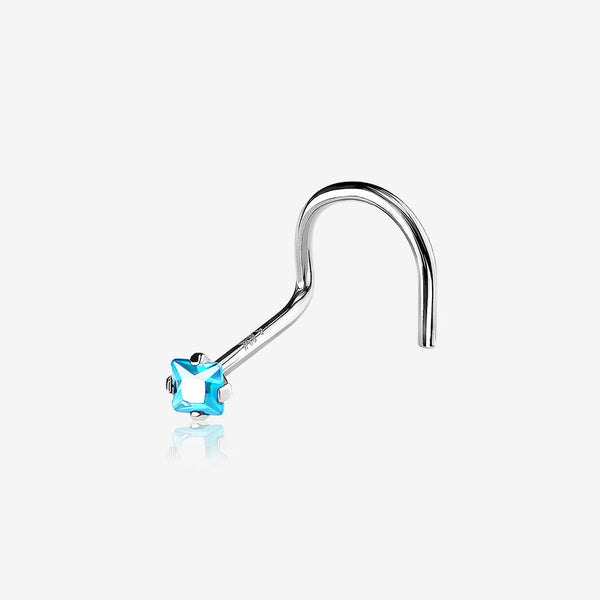 14 Karat White Gold Square Prong Set Gem Sparkle Nose Screw Ring-Aqua