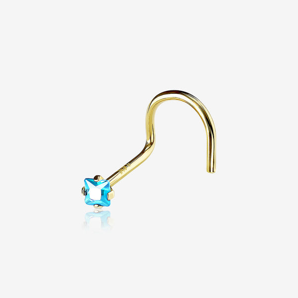 14 Karat Gold Square Prong Set Gem Sparkle Nose Screw Ring-Aqua