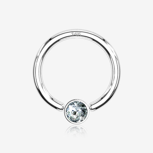 14 Karat White Gold Sparkle Gem Ball Captive Bead Ring-Clear Gem