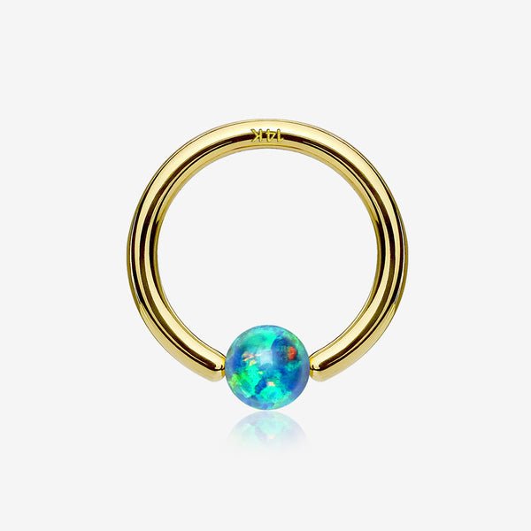 14 Karat Gold Fire Opal Ball CBR Style Bendable Hoop Ring-Green Opal