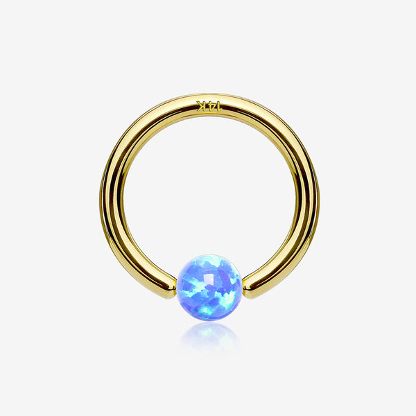 14 Karat Gold Fire Opal Ball CBR Style Bendable Hoop Ring-Blue Opal