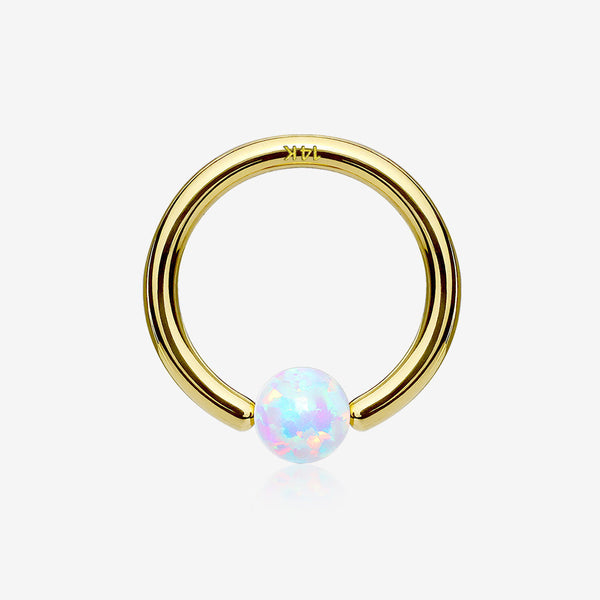 14 Karat Gold Fire Opal Ball CBR Style Bendable Hoop Ring-White Opal