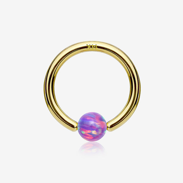 14 Karat Gold Fire Opal Ball CBR Style Bendable Hoop Ring-Purple Opal