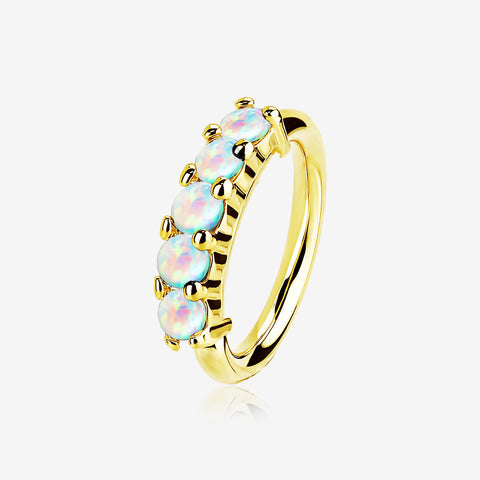 14 Karat Gold Multi Fire Opal Crown Prong Set Bendable Hoop Ring-White Opal