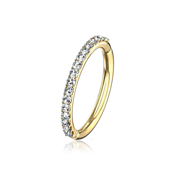 14 Karat Gold Brilliant Sparkle Gems Lined Clicker Hoop Ring-Clear Gem