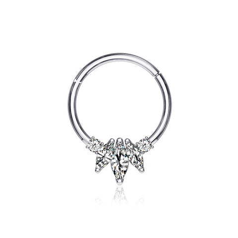 14 Karat White Gold Marquise Floral Sparkle Clicker Hoop Ring-Clear Gem