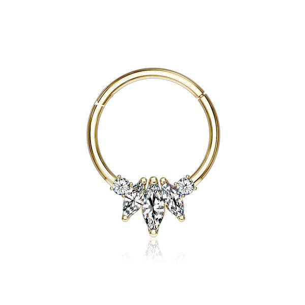 14 Karat Gold Marquise Floral Sparkle Clicker Hoop Ring-Clear Gem