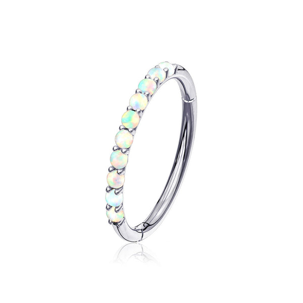 14 Karat White Gold Fire Opal Sparkle Lined Clicker Hoop Ring-White Opal