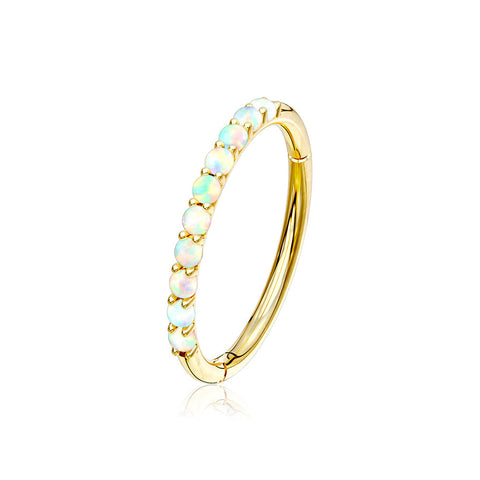 14 Karat Gold Fire Opal Sparkle Lined Clicker Hoop Ring-White Opal