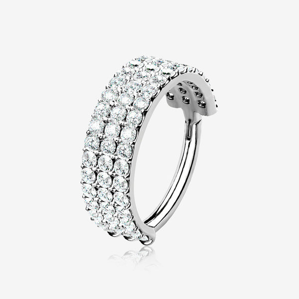 14 Karat White Gold Brilliant Sparkle Triple Lined Gems Seamless Clicker Hoop Ring-Clear Gem