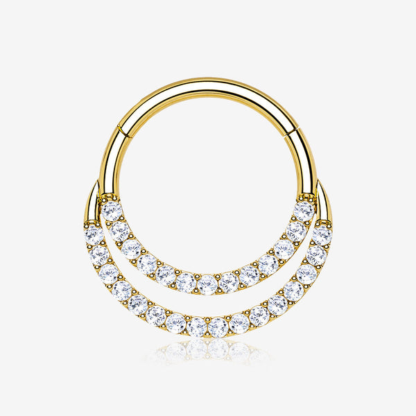 14 Karat Gold Brilliant Sparkle Double Loop Lined Gems Seamless Clicker Hoop Ring-Clear Gem