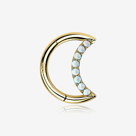 14 Karat Gold Fire Opal Sparkle Lined Crescent Moon Seamless Clicker Hoop Ring-White Opal