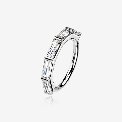 14 Karat White Gold Brilliant Baguette Gem Segmented Seamless Clicker Hoop Ring-Clear Gem