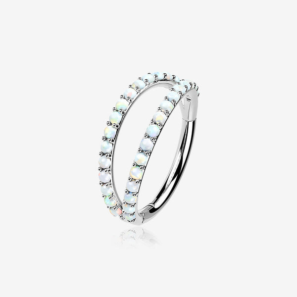 14 Karat White Gold Fire Opal Double Hoop Seamless Clicker Hoop Ring-White Opal