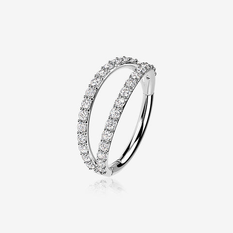 14 Karat White Gold Brilliant Sparkle Double Hoop Seamless Clicker Hoop Ring-Clear Gem