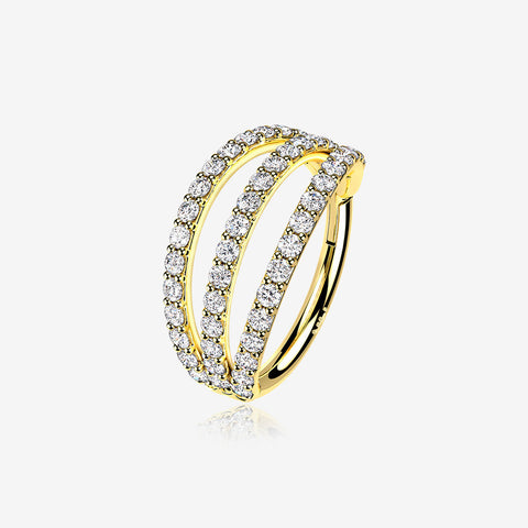 14 Karat Gold Triple Hoop Sparkle Rows Seamless Clicker Hoop Ring-Clear Gem