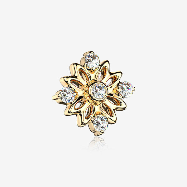 14 Karat Gold Sparkle Divine Flower Blossom Dermal Anchor Top Part-Clear Gem