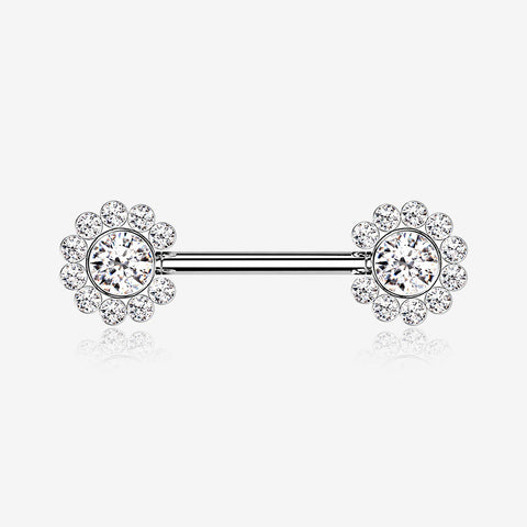 A Pair of Magnificent Floral Sparkle Threadless Nipple Barbell-Clear Gem