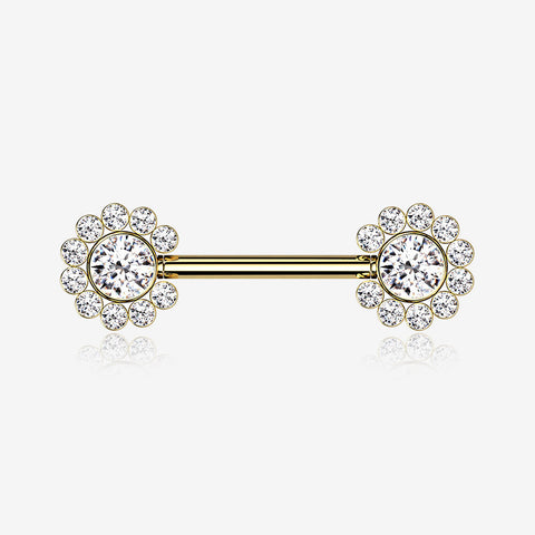 A Pair of Golden Magnificent Floral Sparkle Threadless Nipple Barbell-Clear Gem