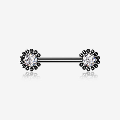 A Pair of Blackline Bali Bead Karma Circle Sparkle Threadless Nipple Barbell-Clear Gem