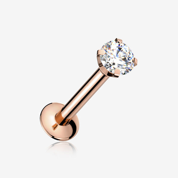 Rose Gold Prong Set Gem Top Threadless Push-In Steel Labret-Clear Gem