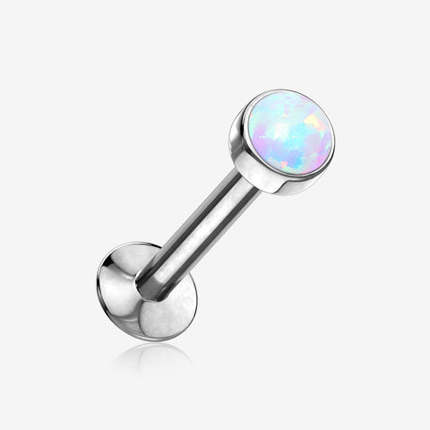 Fire Opal Bezel Set Top Threadless Push-In Steel Labret-White Opal