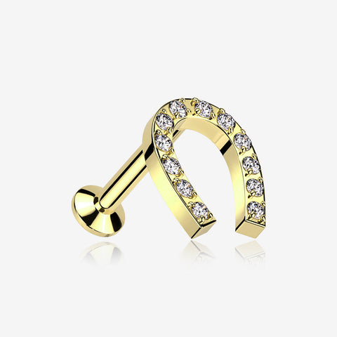 Golden Lucky Charm Sparkle Horseshoe Threadless Flat Back Stud Labret-Clear Gem