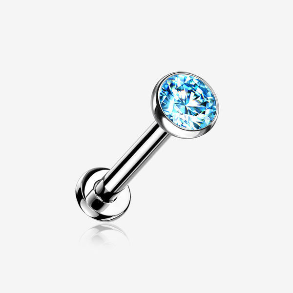 Implant Grade Titanium OneFit Threadless Gem Bezel Set Top Flat Back Stud Labret-Aqua