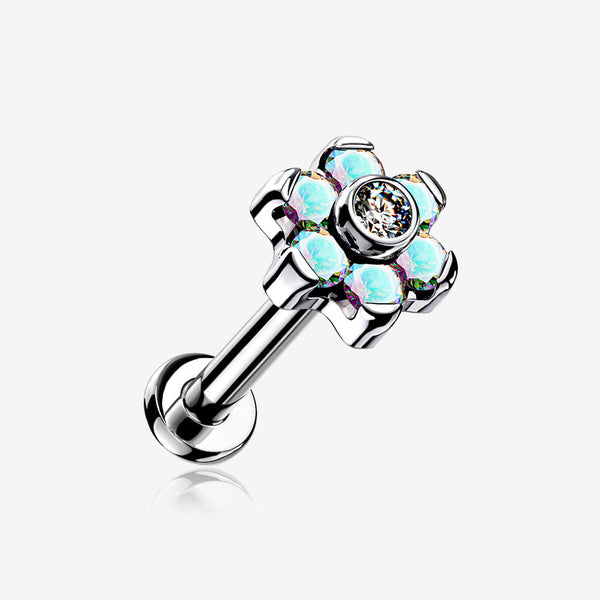 Implant Grade Titanium OneFit Threadless Brilliant Sparkle Flower Top Flat Back Stud Labret-Aurora Borealis/Clear Gem