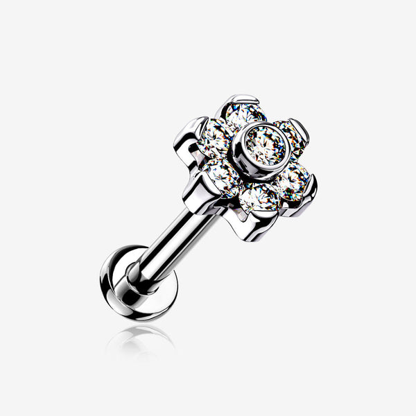 Implant Grade Titanium OneFit Threadless Brilliant Sparkle Flower Top Flat Back Stud Labret-Clear Gem