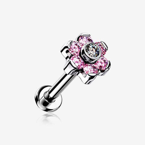 Implant Grade Titanium OneFit Threadless Brilliant Sparkle Flower Top Flat Back Stud Labret-Pink/Clear Gem