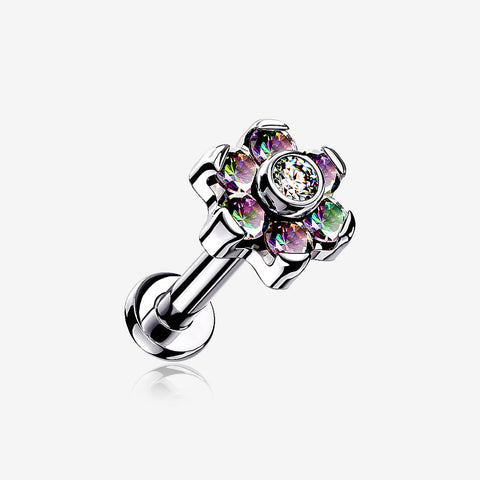 Implant Grade Titanium OneFit Threadless Brilliant Sparkle Flower Top Flat Back Stud Labret-Vitrail Medium/Clear Gem