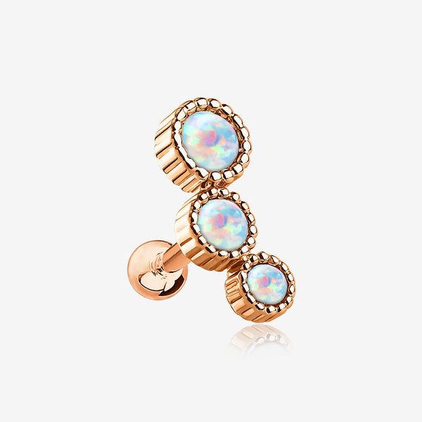 Rose Gold Fire Opal Bubble Trio Sparkle Cartilage Tragus Barbell Earring-White Opal