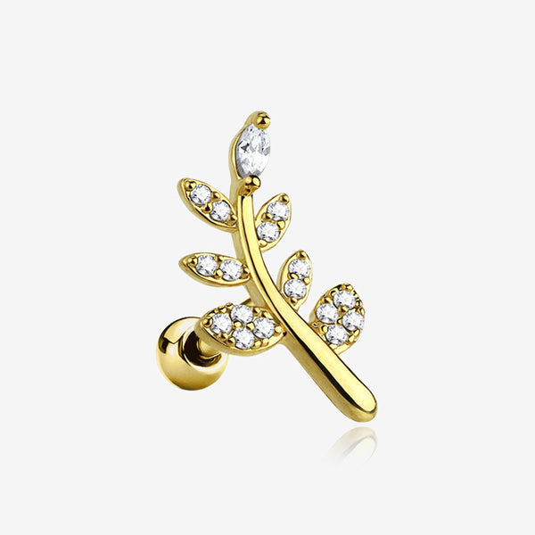 Golden Sparkle Autumn Leaf Cartilage Tragus Barbell Earring-Clear Gem