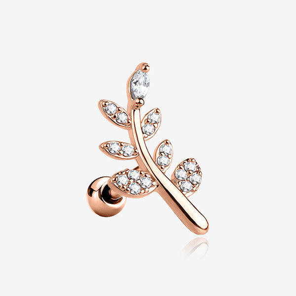 Rose Gold Sparkle Autumn Leaf Cartilage Tragus Barbell Earring-Clear Gem