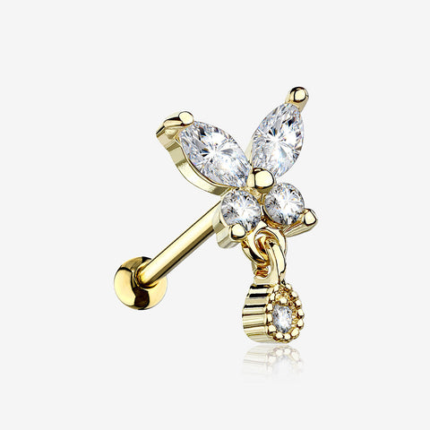 Golden Dainty Sparkle Butterfly Dangle Cartilage Tragus Barbell Earring-Clear Gem